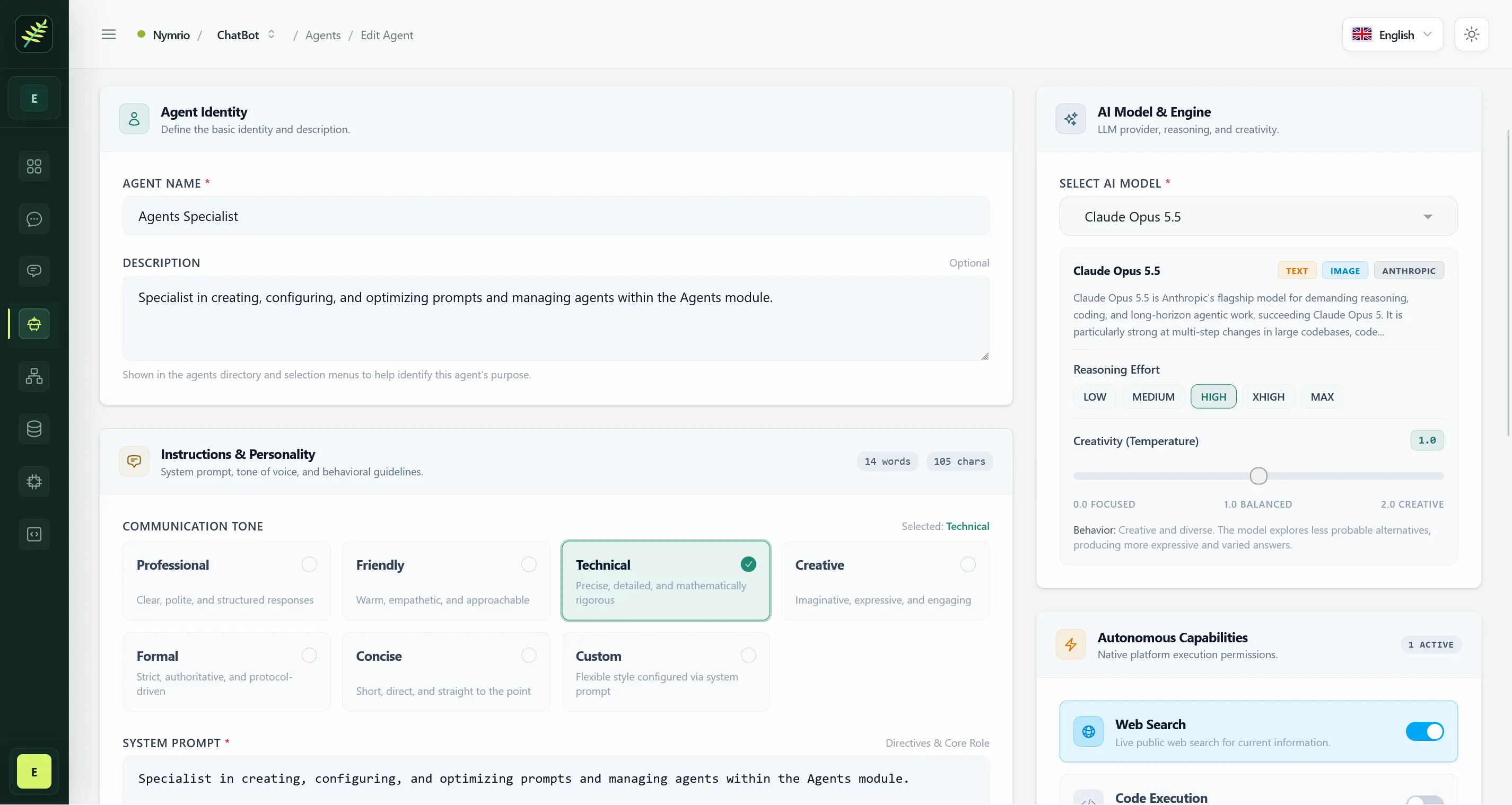 Agent identity and AI model configuration screen