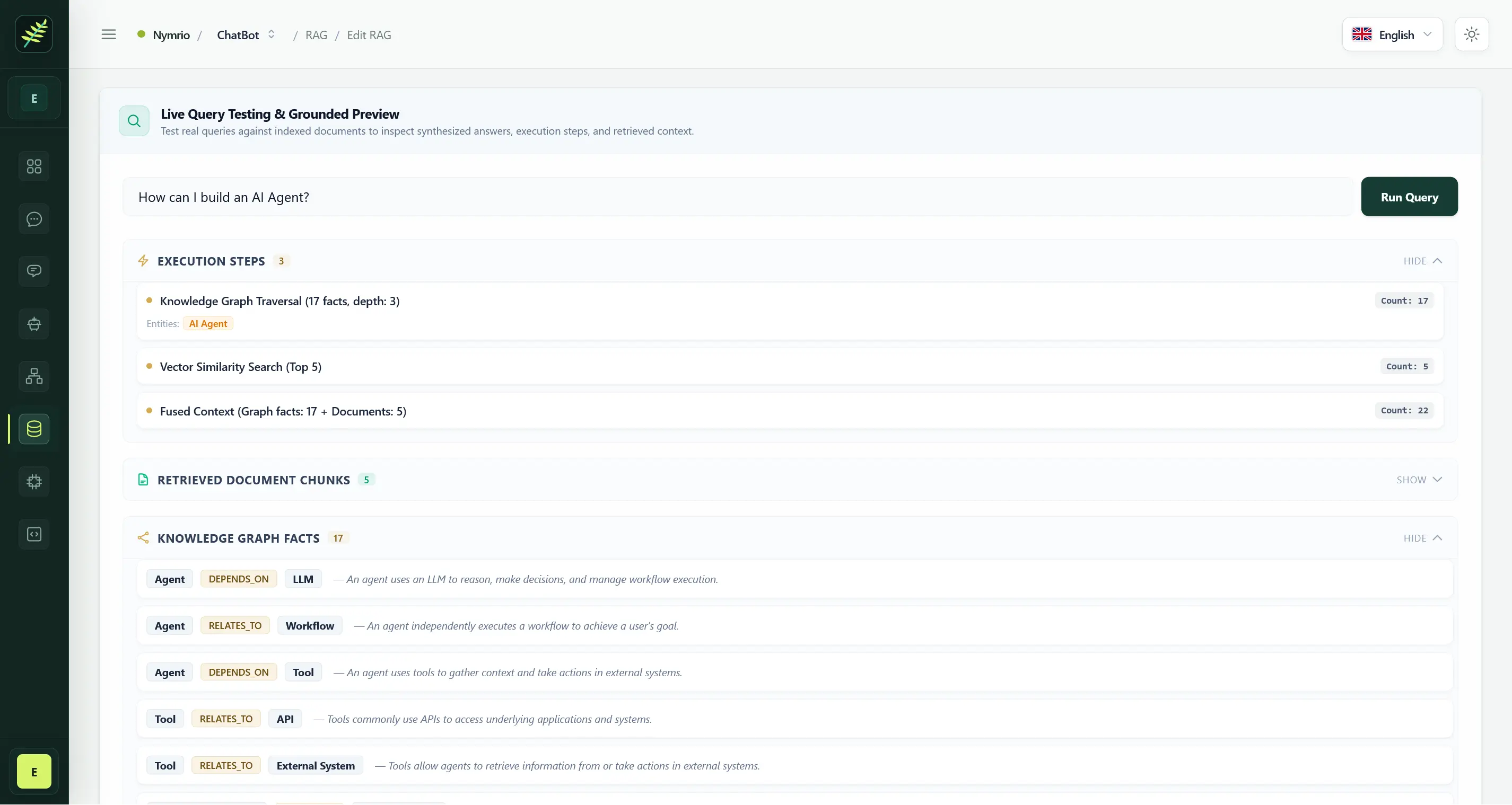RAG query results with retrieved passages and graph facts
