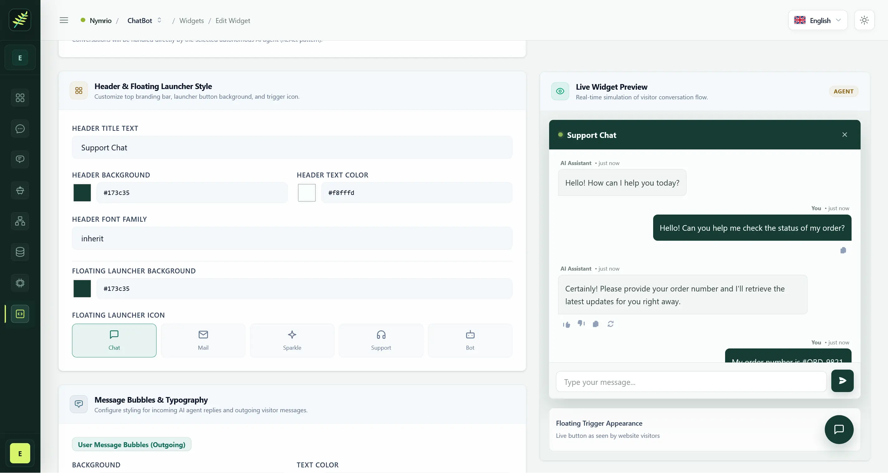 Branded chat widget configuration with target and visual settings
