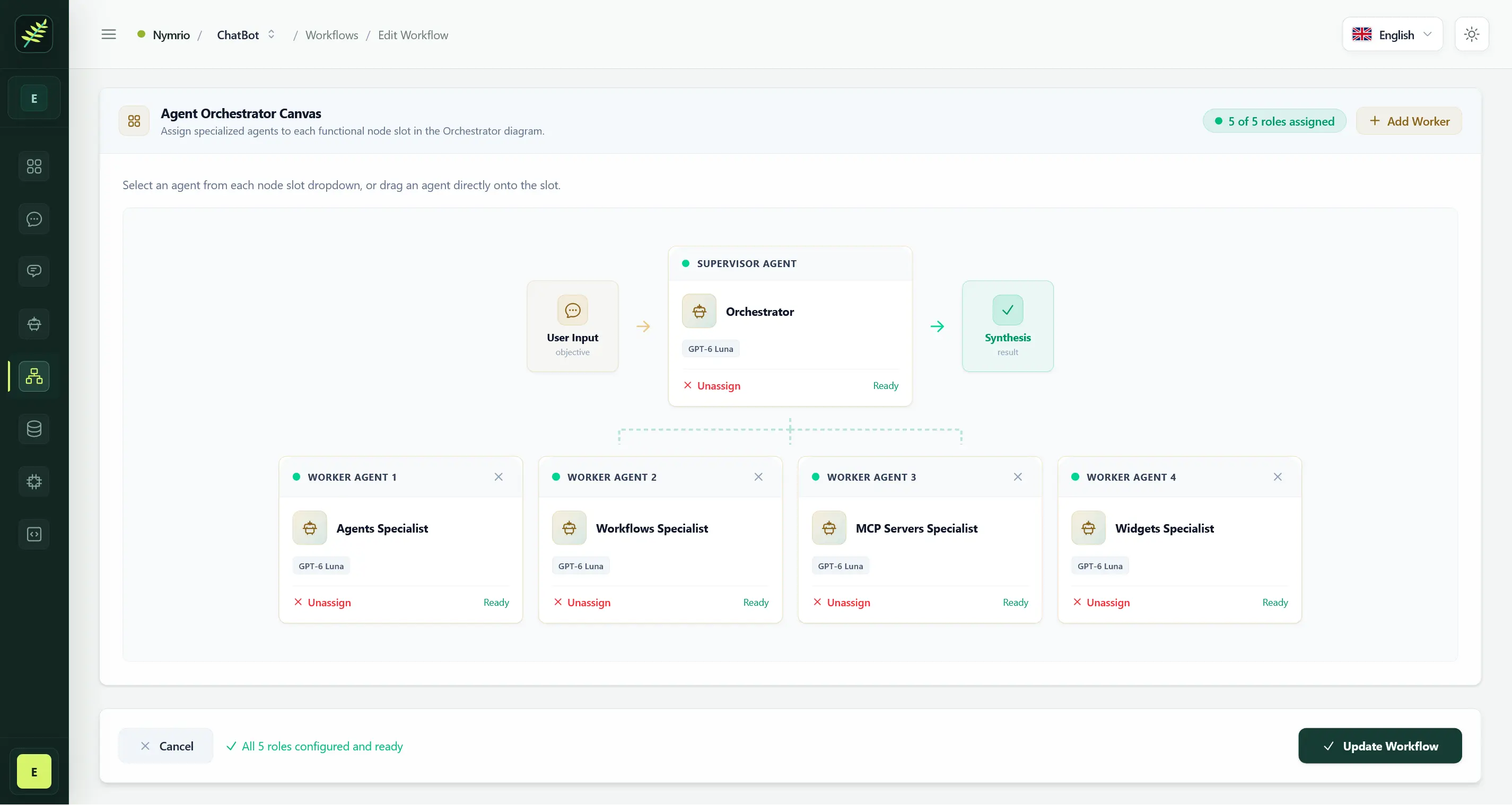 Orchestrator workflow with agents assigned to orchestrator roles
